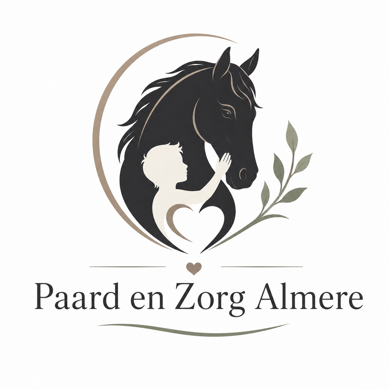 Logo van Paard en Zorg Almere met een paard, een kind en een hart als symbool voor zorg, rust en begeleiding.